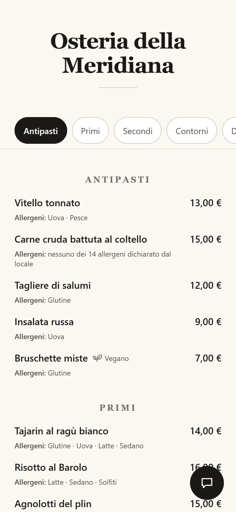 Il menù di un locale d’esempio sul telefono del cliente, con i prezzi e gli allergeni